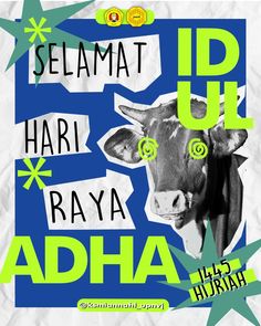 a cow with green circles around it's head and the words, selamat hari raya adha