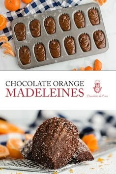 chocolate orange madeelines are sitting on a cooling rack