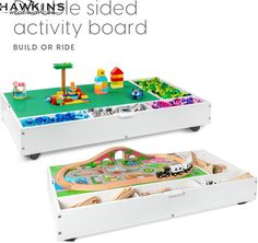 two children's wooden toys are shown with the words hawkside slide activity board build or ride