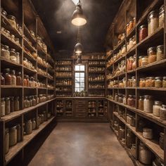 a large room filled with lots of wooden shelves and jars on top of each shelf