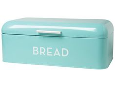 a light blue bread box with the word bread on it's front and bottom