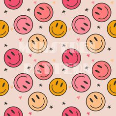 a pattern with smiley faces and stars on pink, yellow and red colors in the background