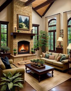 a living room filled with furniture and a fire place in the middle of a room