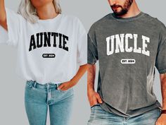 "FREE SHIPPING IN THE US! No order minimum!  Comfort Colors, Aunt and Uncle Established 2024 Shirts, New Aunt, New Uncle, Auntie Shirt, Aunt Shirt, Uncle Shirt. Aunt and Uncle Shirts ♥ The SHIRT  * This is a Comfort Colors 1717 shirt.  * This unisex t-shirt is intended to be loose/oversized for women to give a chic and laid back vibe. If you are looking for an oversized \"T-shirt Dress\" look, we recommend sizing up 2-3 sizes.  * Detailed sizing information can be found in the size chart in the photos.  * Printed in the USA. ♥ CARE  ＊Machine wash cold, inside-out, gentle cycle ＊Wash with mild detergent and similar colors ＊Tumble dry low or hang-dry ＊Do not bleach or fabric softeners ＊Do not iron directly onto the design ＊Do not dry clean ♥ PRODUCTION & SHIPPING ＊Each shirt is made to order Fun Aunt Shirts, Aunt Tee Shirts, New Uncle Shirts, Aunt And Uncle Shirts, Auntie Shirt Ideas, Aunt Shirts For Adults, Uncle Shirt Ideas, Uncle Shirts, Auntie Vibes