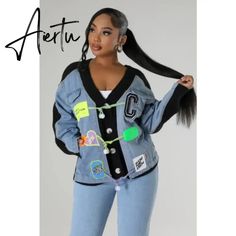 Aiertu Letter Badge Denim Patchwork Knit Cardigan Dopamine Candy Color Winter Activewear, Types Of Jackets, Denim Patchwork, Fall Jackets, Candy Colors, Fall Looks, Knit Cardigan, Active Wear, Fall Winter