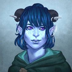 a woman with blue hair and horns on her head is staring at the camera while wearing green