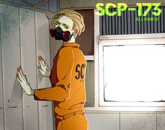 a man in an orange outfit with a gas mask on standing next to a window