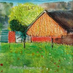 a painting of a barn in the country