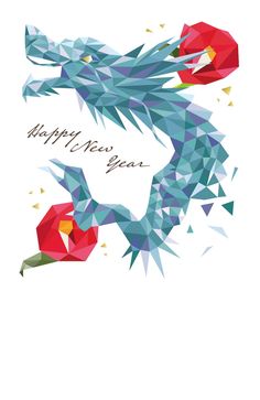 a card with an image of a dragon and flowers on the front, happy new year