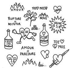 various hand drawn doodles with words and symbols