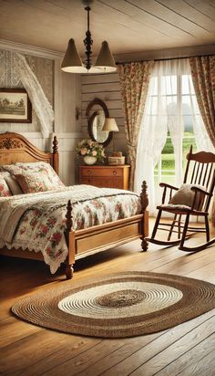 a bedroom with a rocking chair and bed