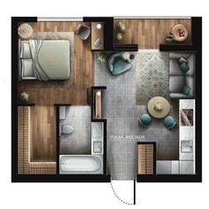 an overhead view of a bedroom and living room in a small apartment with wood flooring