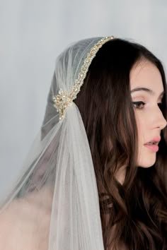 a woman wearing a veil with a beaded headpiece on her head and shoulder