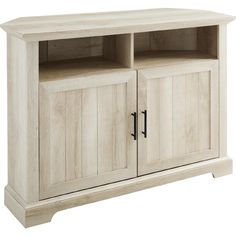 a white wooden entertainment center with two doors and one shelf on the bottom, against a white background