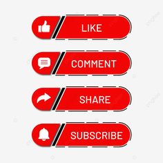 three red buttons with the words like comment, share, and subscribe