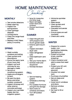 the home maintenance checklist is shown in blue and white, with words above it