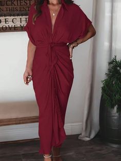 Twisted Elegance: Women's V-Neck Pleated Dress Flowy V-neck Mini Dress For Formal Occasions, Elegant Formal V-neck Dress In Solid Color, Fall V-neck Ruched Midi Dress, Chic V-neck Solid Color Midi Dress, Flowy V-neck Dress With Surplice Neckline For Date Night, Flowy V-neck Maxi Dress For Cocktail, Elegant Flowy V-neck Dress, Pleated V-neck Maxi Dress For Formal Events, Spring V-neck Midi Dress With Pleated Waist