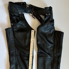 Pre-Owned, Good Condition Black Size: M Waist: 33"-41" Thigh: 24" Inseam: 33.25" Basic Cowhide Leather Chaps Leather Chaps, Biker Gear, Cowhide Leather, Man Shop, Pants, Leather, Black, Color, Trousers