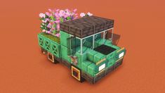 a green truck with flowers in the back