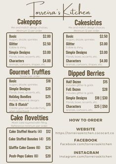 a menu for cakes and other desserts with prices on the front, in brown ink