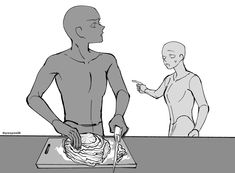 two people standing in front of a table with food on it and one person holding a knife