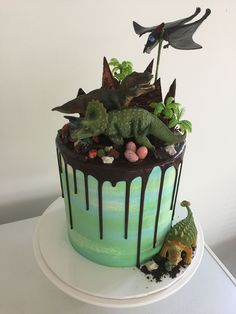 a dinosaur cake with chocolate icing and decorations