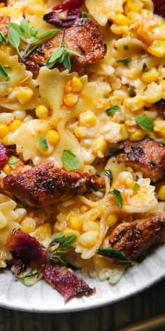 Creamy Chicken Pasta with Corn and Bacon - on a white plate. Pasta With Corn, Julia's Album, Fresh Corn On The Cob, Pasta With Bacon, Chicken And Corn, Corn Pasta, Creamy Chicken Pasta, Bacon Pasta, Chicken Dish