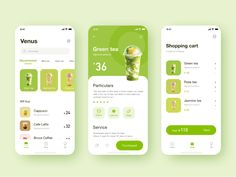 three smartphone screens showing the menus and ordering options for starbucks's green tea