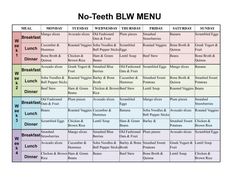 a table that has different types of food and drinks on it, with the words no - teeth blw menu