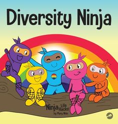 the book cover shows five cartoon characters standing on a tree branch in front of a rainbow