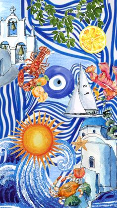 an artistic painting with blue and white waves, oranges and other things on it