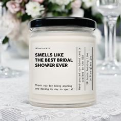 Personalized Bridal Shower Hostess Thank You Gift | Hostess Gift for Women | Shower Favor for Her Surprise and delight your hostess with the Personalized Bridal Shower Hostess Thank You Gift--a custom soy candle that says, "Smells like the best bridal shower ever," with the option to add your own heartfelt message. Perfect as a Hostess Gift for Women, Bridal Shower Favor, or Thank You Gift for Her, this candle adds a personal touch that will make her feel truly appreciated. Order now and give th Bridal Shower Hostess Gifts From Bride, Gifts For Hostess, Shower Hostess Gifts, Crafts With Glass Jars, Bridal Shower Favor, Cotton Blossom, Clear Glass Jars, Shower Bebe, Soft Floral