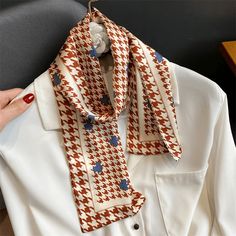 A beautiful layering piece! High quality 100% Polyester Dry clean or hand wash cold with light colors, lay flat to dry, iron on lowest setting if needed, do not bleach. Ribbon Pattern, Silk Fashion, Satin Bags, Blue Checkered, Fashion Scarf, Printed Ribbon, Scarf Women, Neck Ties, Body Chain Jewelry