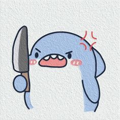 a drawing of a penguin holding a knife and looking at it's face with an angry expression