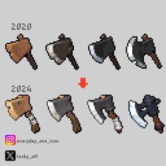 an image of different types of axes in pixel art style on a gray background