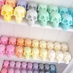 there are many different colored skulls on the shelves