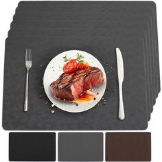 four placemats with steak, tomatoes and sauce on them next to a fork and knife