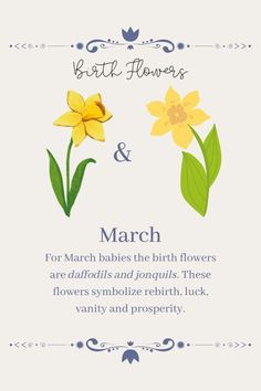 a wedding card with two yellow flowers and the words birth flowers and march on it