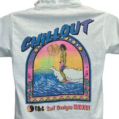 "T&C Surf Designs Chill Out Vintage 80s T Shirt 1987 Surfer Surfing Surfboarding Surfboarder Hawaiian Town & Country White Fun Tees Single Stitch Made In USA Graphic Tee Condition: Has holes, collar is stretched, has spots, and a cat was drawn on the graphic. Tag is a Small but I feel it measures more similar to a modern X-Small. Check measurements to ensure fit. See photos. Size and Measurements: Mens/Unisex XS X-Small Extra Small Width 16.5\" - Underarm to underarm Length 25.5\" - Measure from top of shoulder at the edge of collar to the bottom of the shirt" 80s Surfer Style, 90s Graphic Print Surfing Tops, 90s Graphic Print Tops For Surfing, Vintage White T-shirt For Surfing, 80s T Shirts, Town And Country Surf, Designs T Shirt, Surfing Graphic, Surfing Hawaii