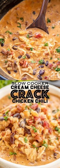 two pictures showing the same bowl of chicken chili with cheese and black beans in it