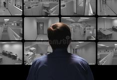 a man looking at multiple images of office buildings