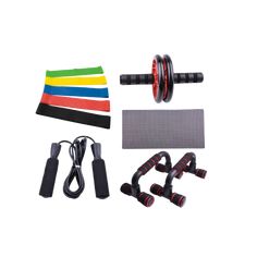 an assortment of exercise equipment including dumbbells, resistance bands and yoga mat on a white background