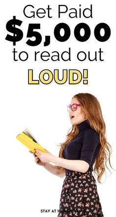 a woman holding a yellow folder with the words get paid $ 5, 000 to read out loud