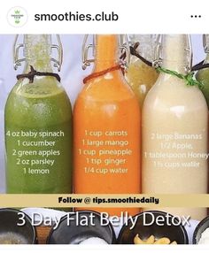 three different types of smoothies in bottles with instructions on the front and back side