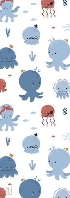 an image of some animals that are in the ocean together on a white background with blue and red colors