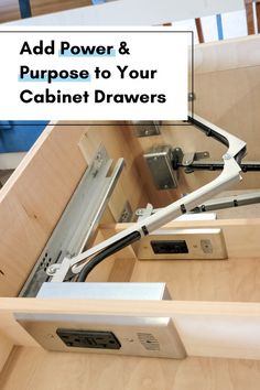 an open cabinet drawer with the words add power and purpose to your cabinet drawers on it