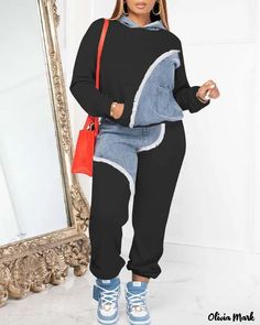 Color: black, Size: L Sporty Pants, Black Two Piece, Joggers Outfit, Plus Size Two Piece, Fall Jeans, Patchwork Denim, Two Piece Pants Set, Sweatshirt Set, Sweatpants Set