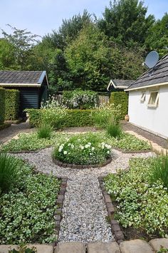 a garden with gravel paths leading to two buildings and trees in the background, surrounded by greenery