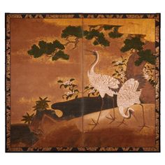 Early Kano School painting of pine trees overlooking two beautifully painted cranes and floral design in a natural setting by water’s edge. Mineral pigments, gold dust and gold leaf on mulberry paper. With a gold embroidered 17th century silk brocade border and black lacquer trim. Wonderfully preserved. Asian Nature, Folding Screens, Japanese Edo Period, Japanese Screen, Japanese Crane, Asian Art Museum, Screen Painting, School Painting, Hand Painted Wallpaper