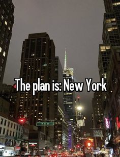 a city street filled with lots of traffic and tall buildings in the background that says, the plan is new york